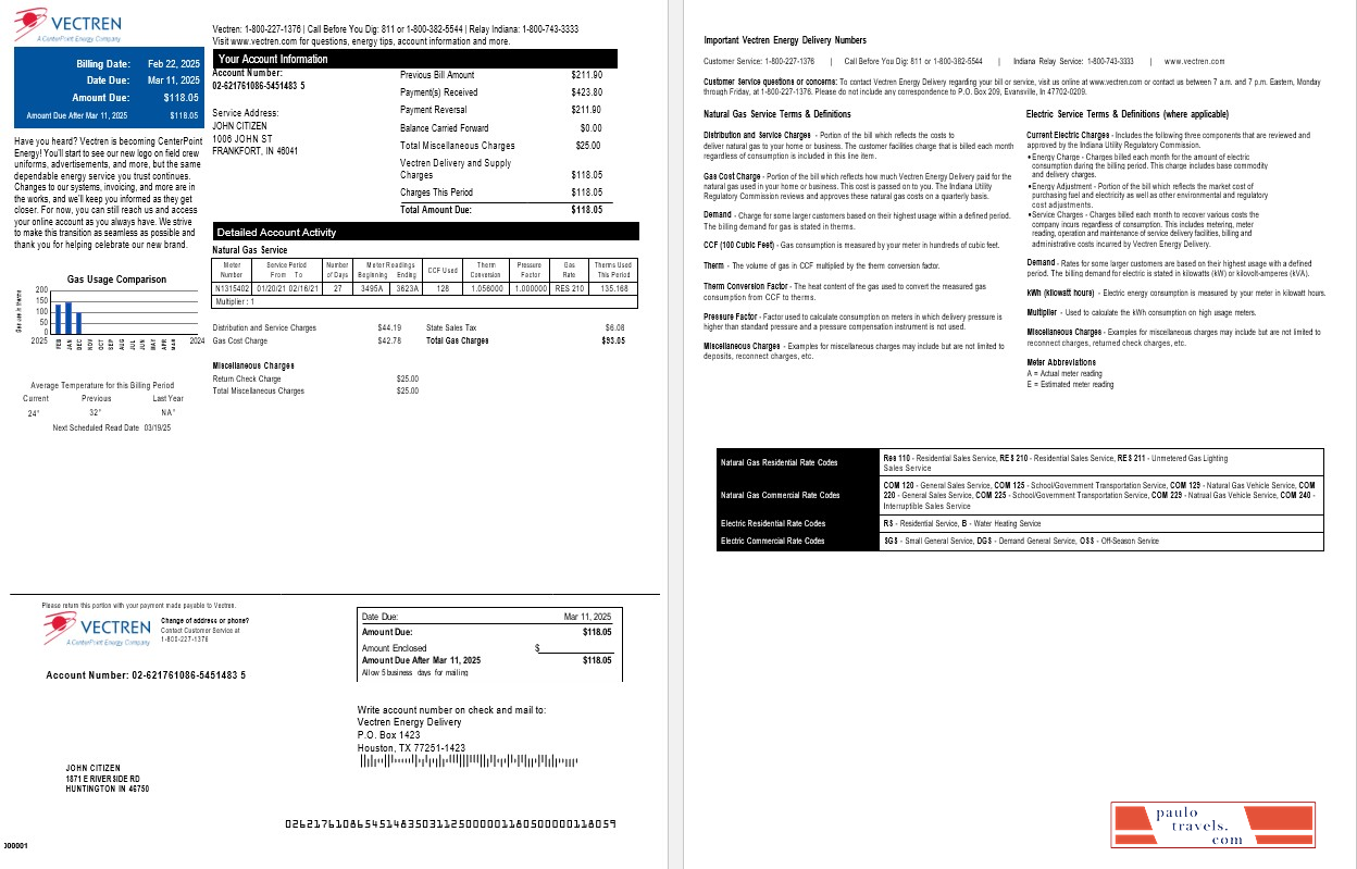 USA Ohio Vectren gas utility bill, version 2
